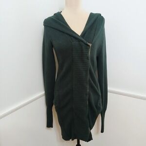 Free People Emerald Green Asymmetrical Zip Lace Panel Hooded Cardigan Sweater M